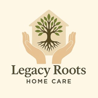 Legacy Roots Home Care logo featuring cupped hands holding a house with a tree inside