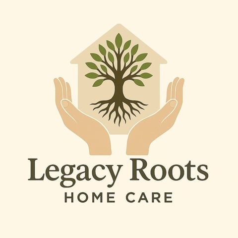 Legacy Roots Home Care logo featuring cupped hands holding a house with a tree inside